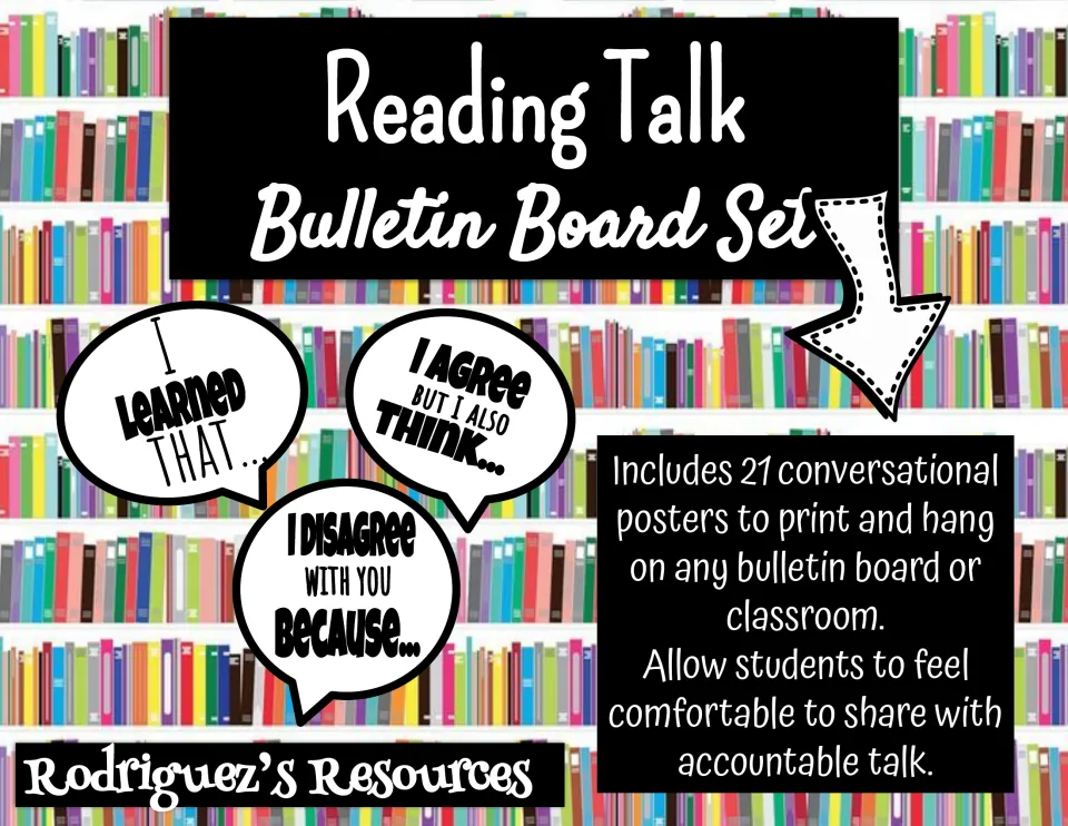 Reading Talk bulletin board set cover: 21 conversation posters like I learned that, I agree but I also think, I disagree
