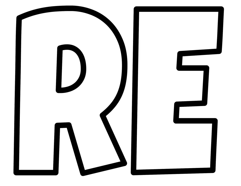 Outlined letters R and E, cut-out pieces of the display heading that continues across the following pages