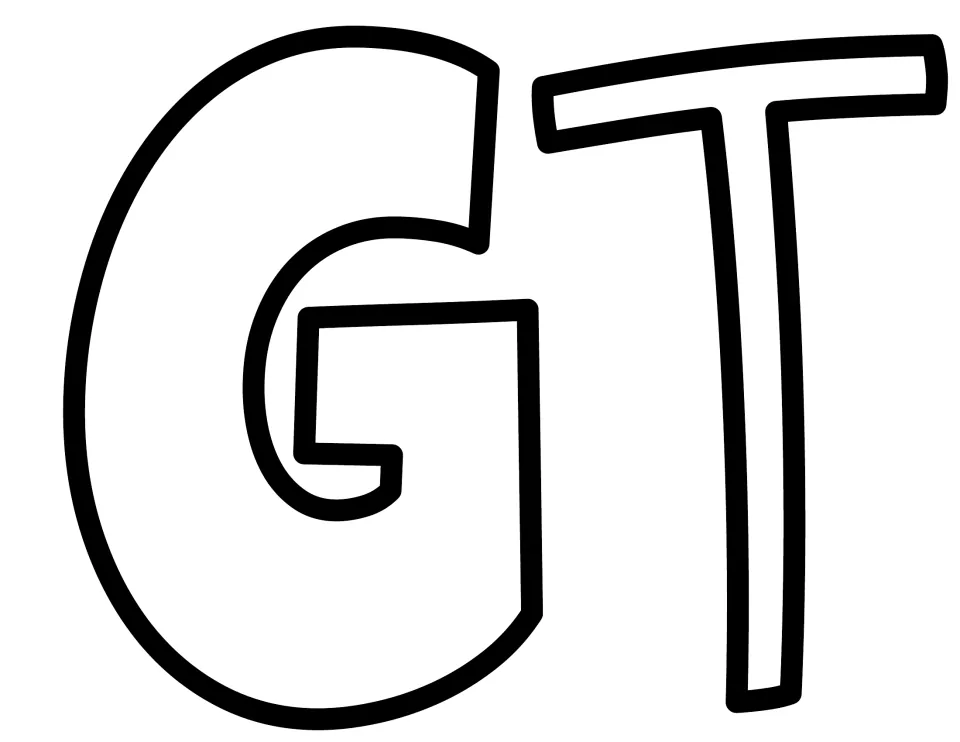 Outlined letters G and T, cut-out pieces that finish READING and begin the second word of the display title