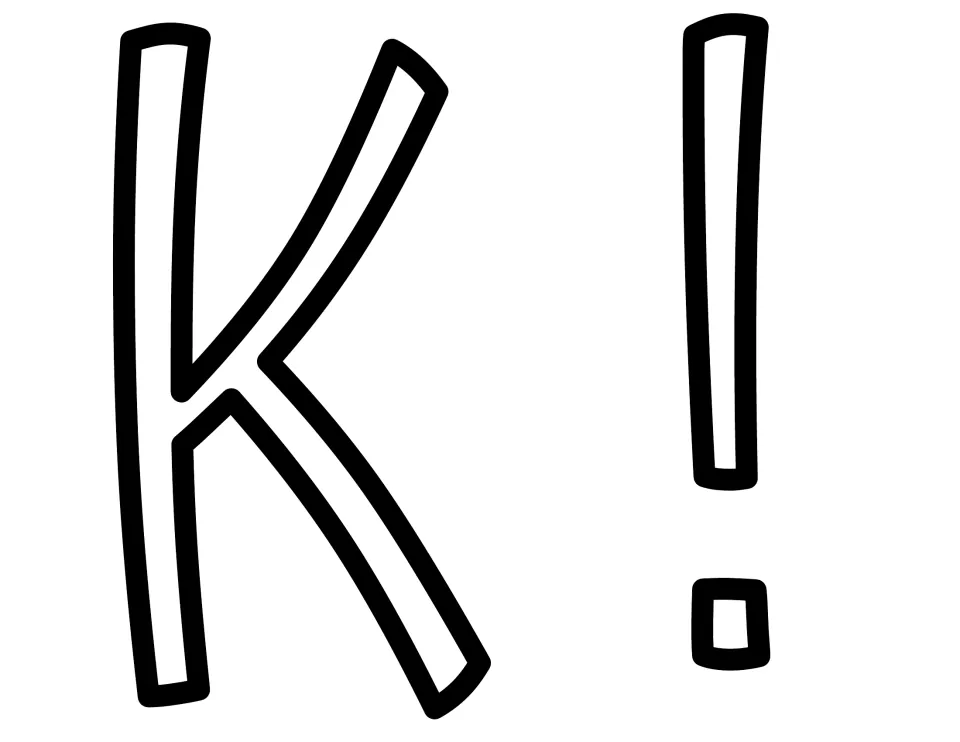 Outlined letter K and an exclamation mark, the last cut-out pieces that complete the TALK! heading