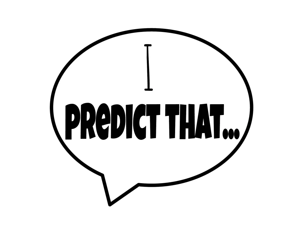 Speech bubble poster with the sentence starter "I predict that..." for students making predictions about a story