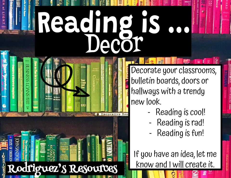Reading decor kit cover listing “Reading is cool!”, “Reading is rad!” and “Reading is fun!” display options