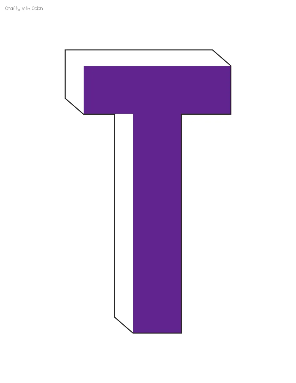 Bulletin board letter T in purple with a white 3D side shadow, printed full page to cut out for a Halloween display title