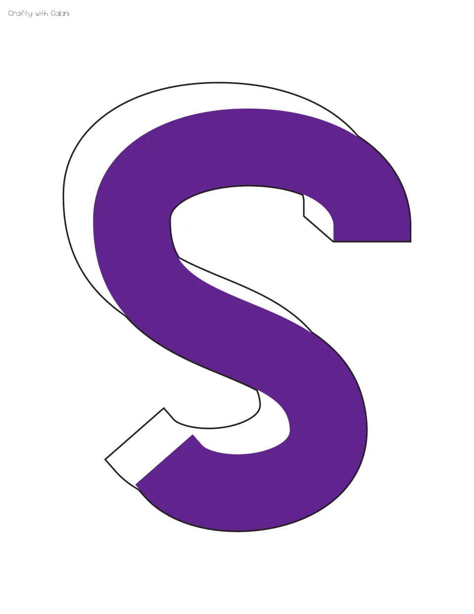 Purple curved S for display lettering, a bold full-page capital with a white outlined depth shadow on its left side