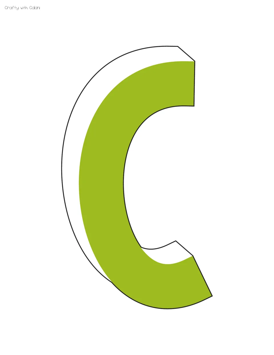 Green capital C for classroom display lettering, a rounded open curve with a white outlined 3D shadow behind it