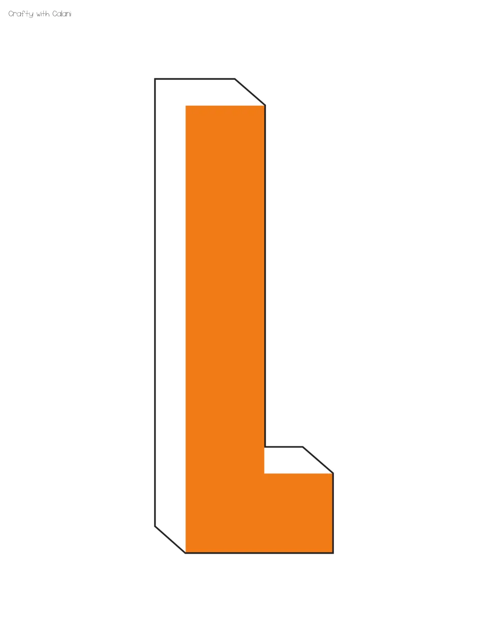 Orange capital L for board lettering: a tall upright stroke and short foot, with a white outlined 3D edge to the left