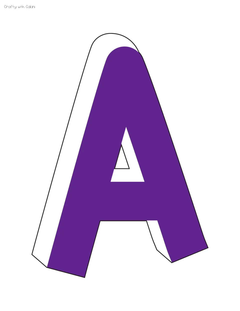 Purple capital A for the bulletin board title, a rounded-top letter with a triangular counter and white 3D side