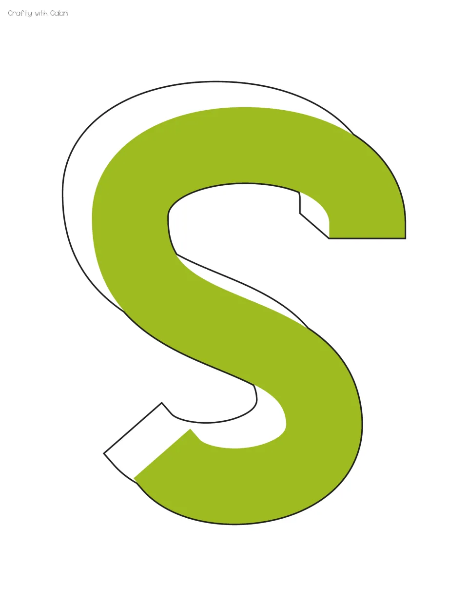 Green S letter cut-out, matching the purple S design in lime green, with a white outlined 3D shadow for wall display