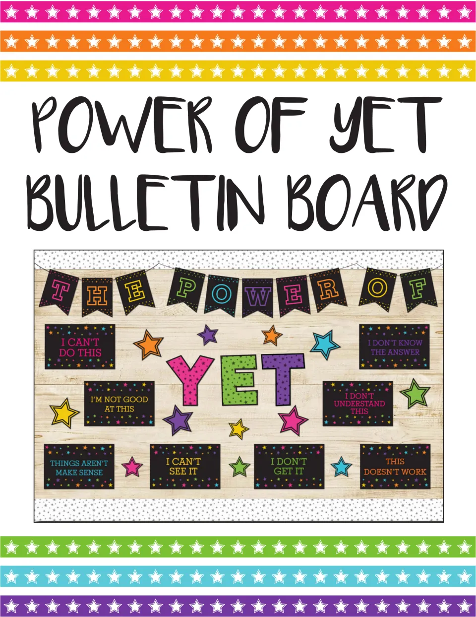Power of Yet bulletin board cover: sample display with THE POWER OF pennants, starry YET letters and 8 mindset phrase cards