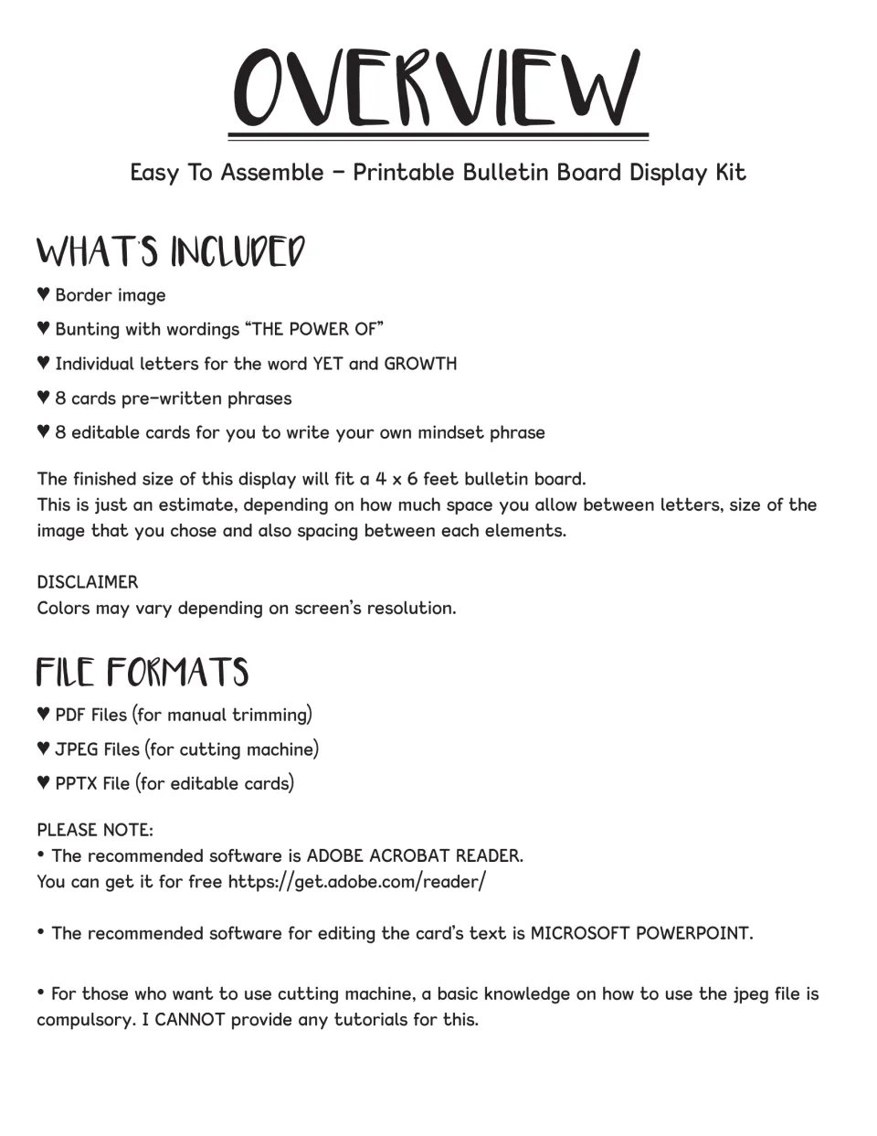 Kit overview listing the border, THE POWER OF bunting, YET and GROWTH letters, 8 phrase cards and 8 editable cards