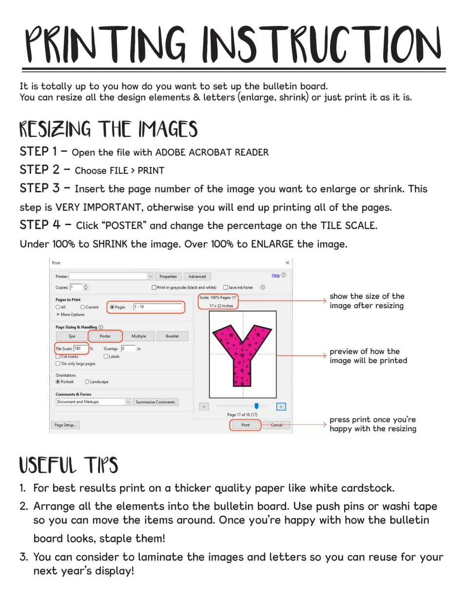 Printing instructions: four steps to resize pieces with Acrobat's Poster tile scale, plus cardstock and laminating tips