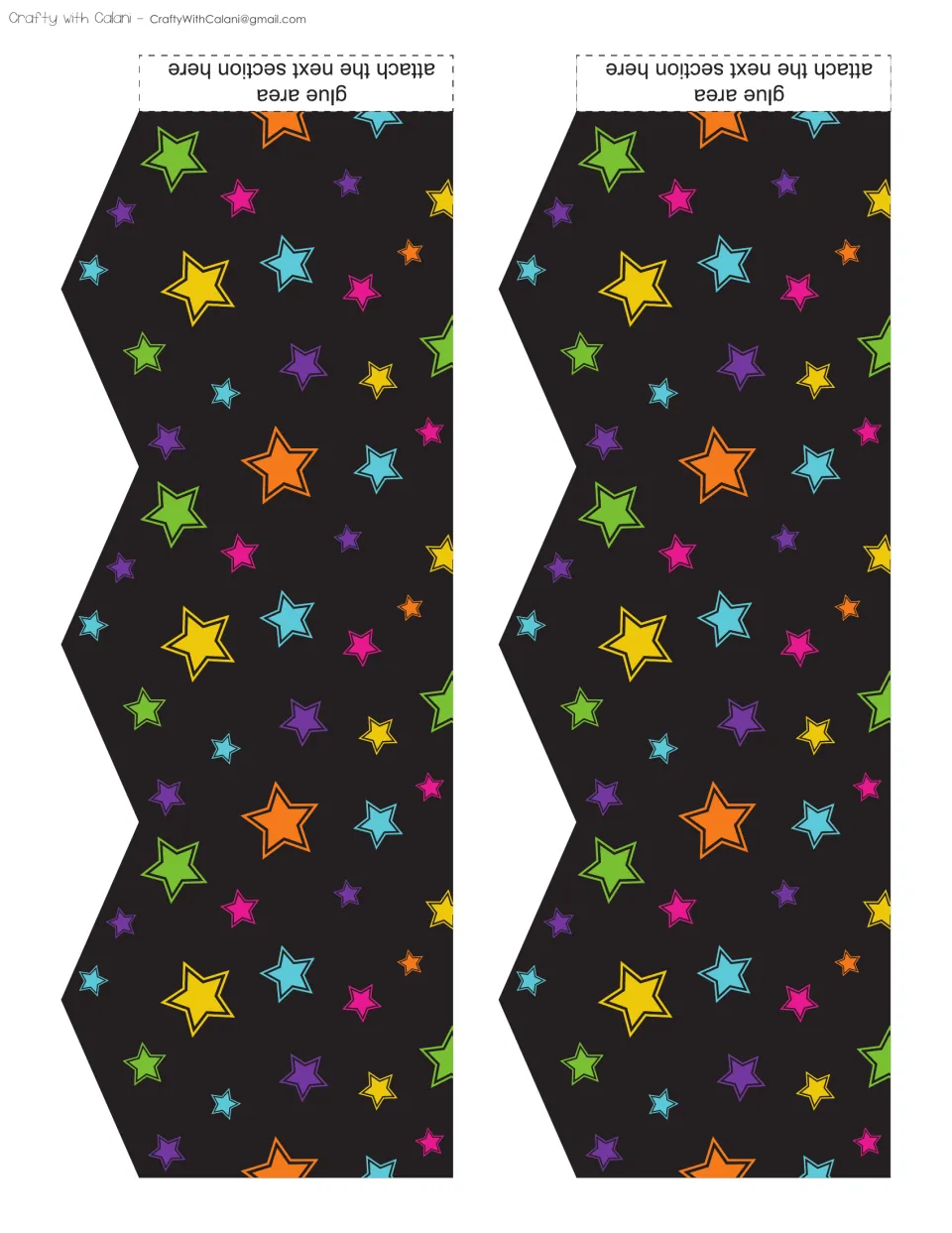Border cut-out pieces: two black zigzag-edged strips with bright multicolored stars and a glue area at the top of each
