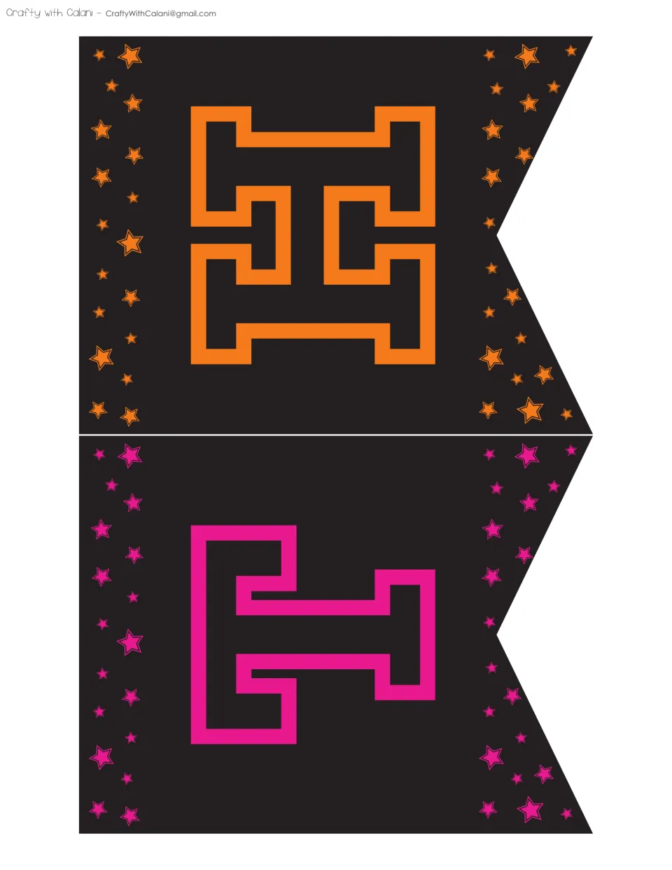 Pennant letters H in orange and T in pink, printed sideways on black flags with stars, for spelling THE in the banner