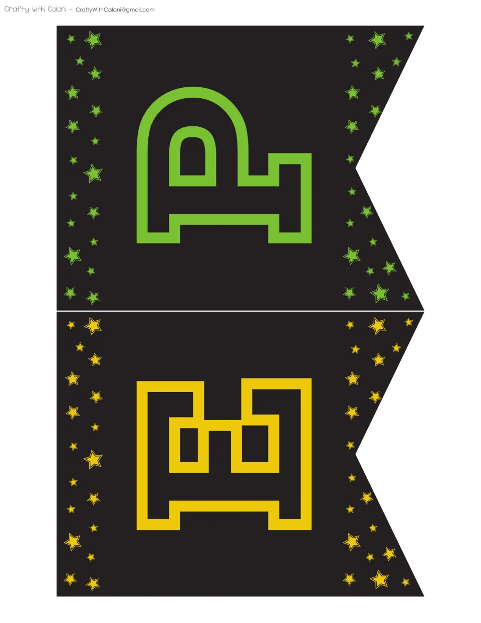Pennant letters P in green and E in yellow on black flags edged with matching stars, part of the hanging banner