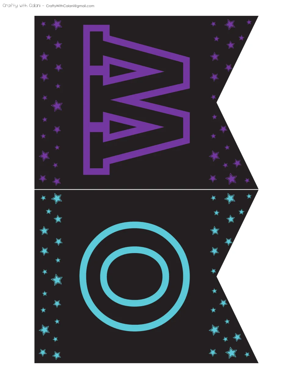 Pennant letters W in purple and O in blue on black star-trimmed flags, used in the word POWER across the banner