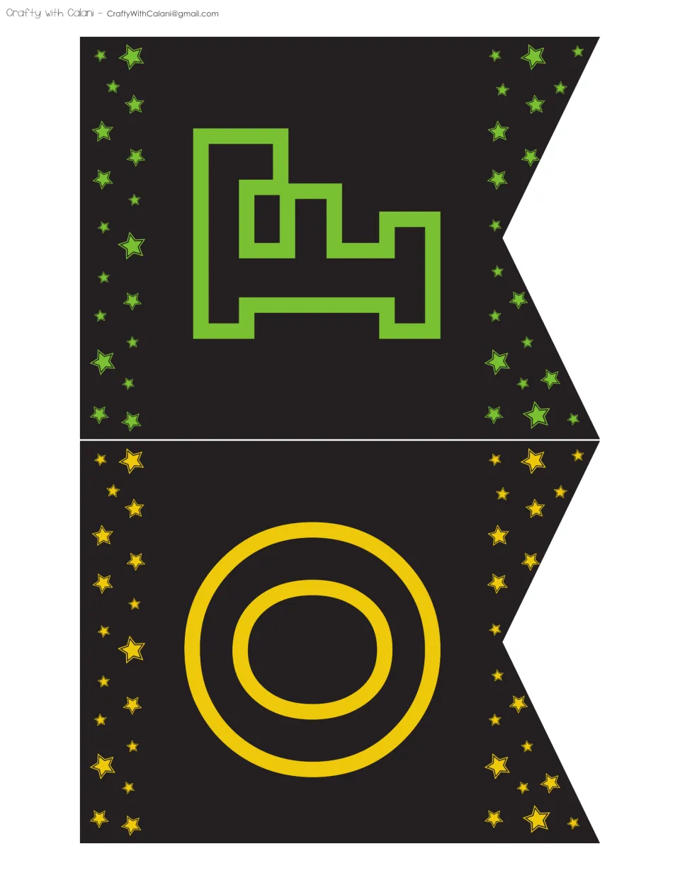 Pennant letters F in green and O in yellow on black flags edged with stars, which spell OF at the end of the banner