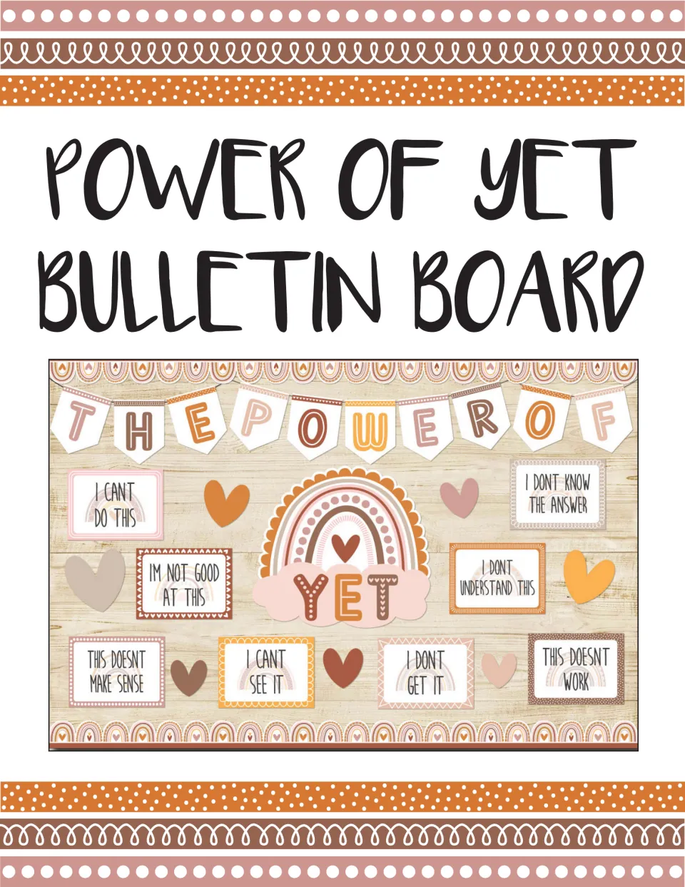 Cover of the bulletin board kit showing the assembled “THE POWER OF YET” display and eight phrase cards