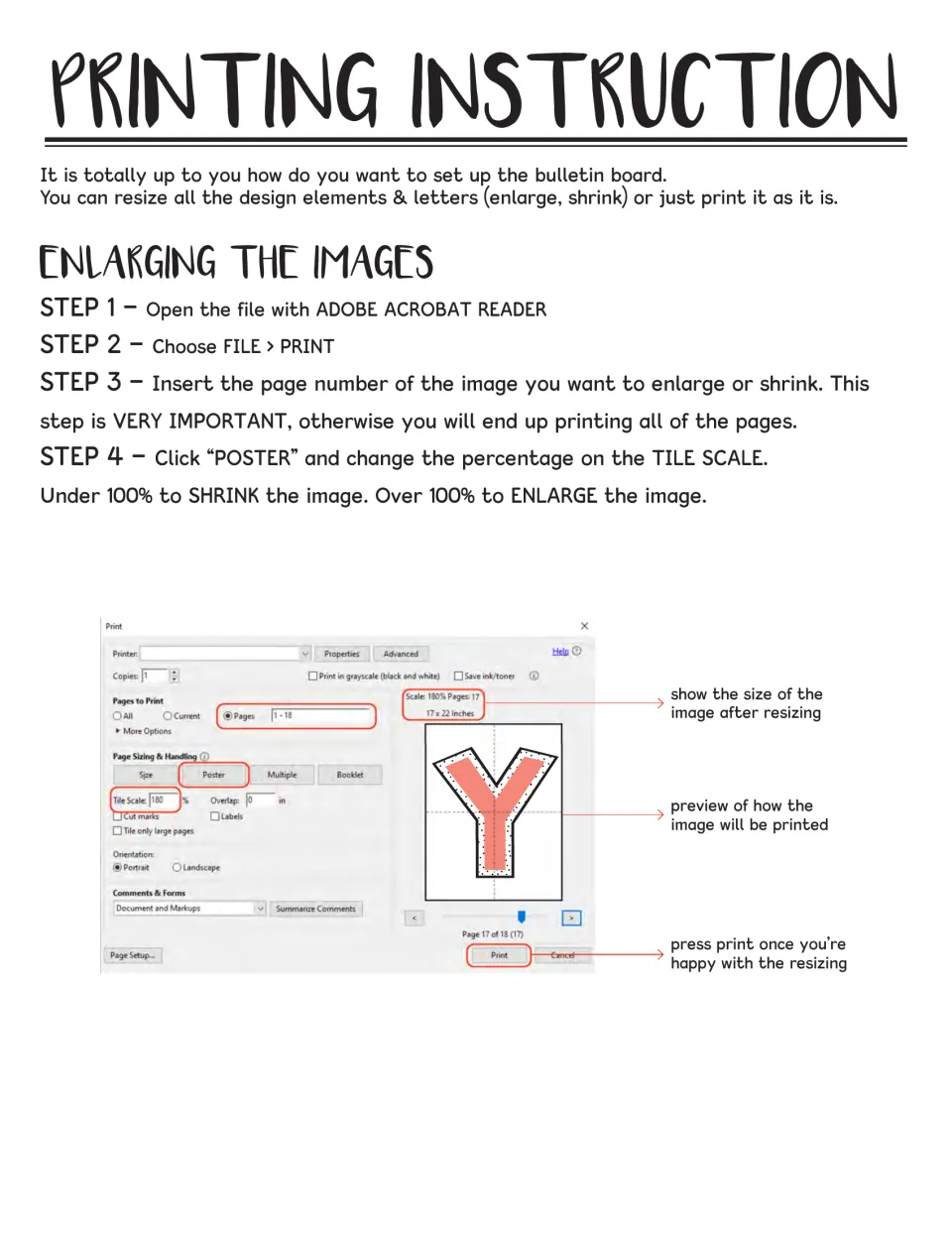 Printing instructions for enlarging pieces: four Adobe Acrobat Reader steps using Poster and Tile Scale settings