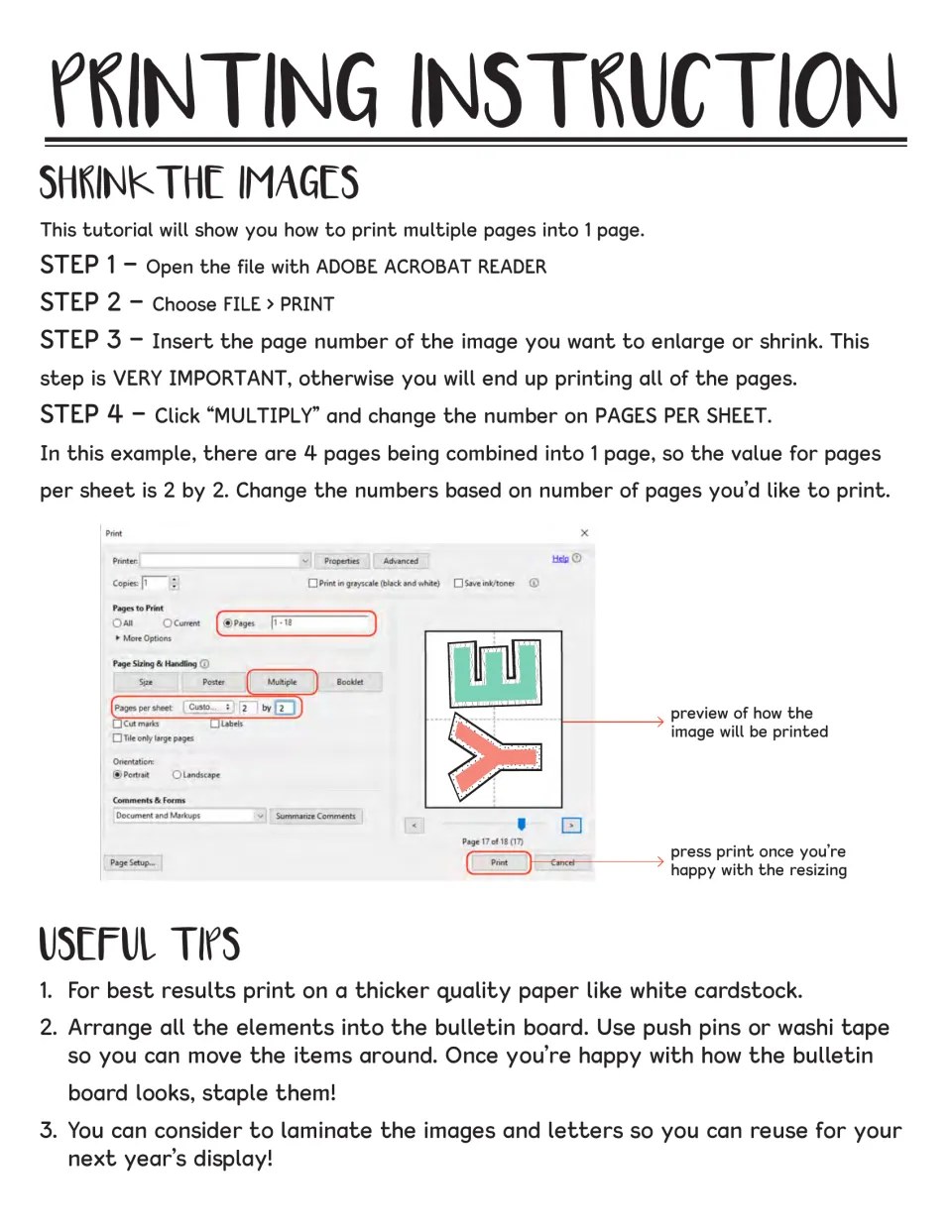 Print steps for shrinking pieces with Multiple and pages per sheet, plus tips on cardstock, pinning and laminating