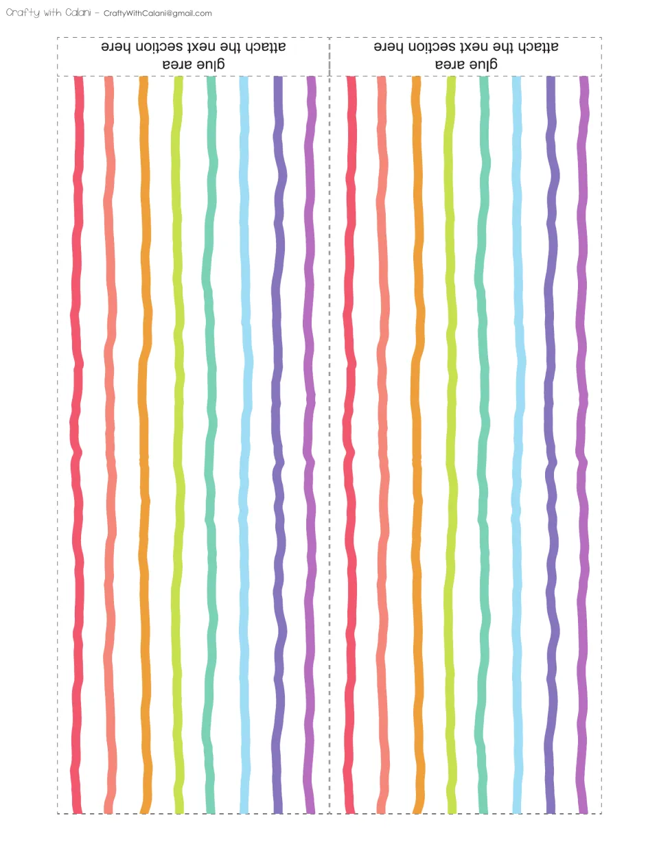Cut-out piece: two strips of rainbow wavy stripes in red, orange, green, blue and purple, each with a glue area to join