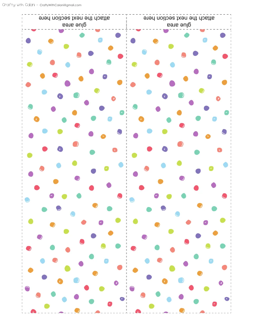 Cut-out piece: two strips of scattered multicolor polka dots on white, each with a glue area for attaching the next section