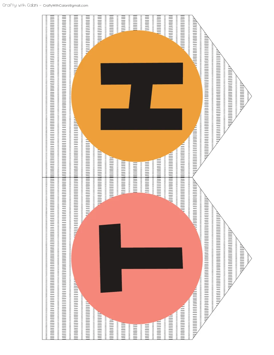 Two pennants for the bunting: letter T on a coral circle and letter H on an orange circle over a black dash pattern