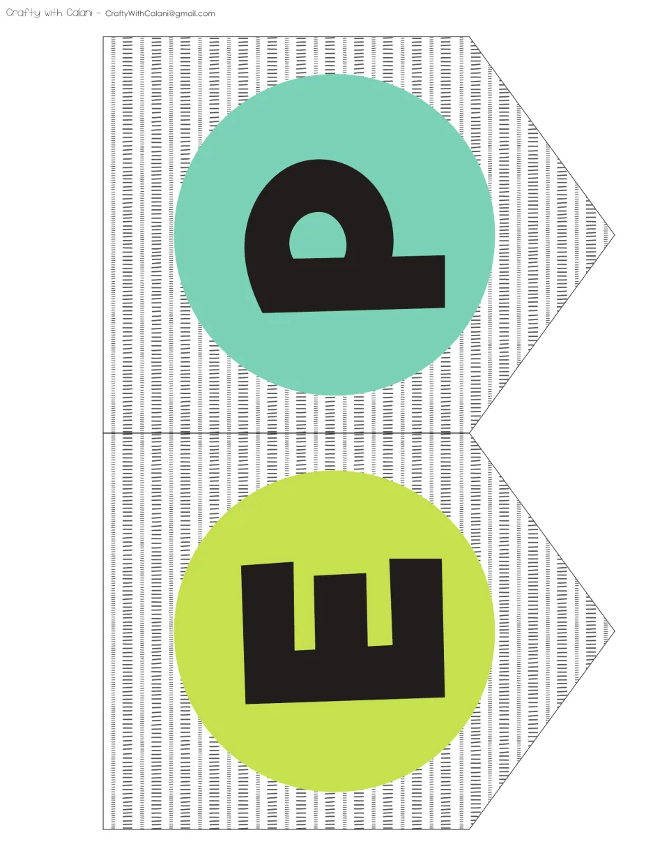 Two bunting pennants showing the letter P on a teal circle and the letter E on a lime green circle with dash-pattern fill