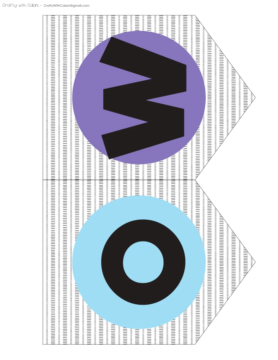 Bunting pennants with the letter W on a purple circle and the letter O on a light blue circle, ready to cut and hang