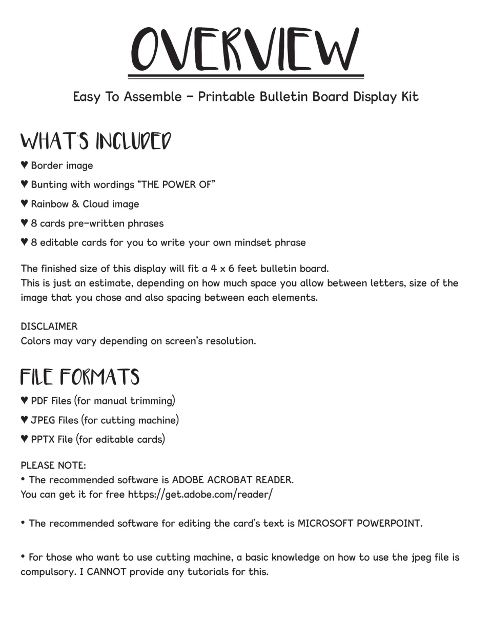 Kit overview lists title bunting, rainbow and cloud art, eight prewritten cards, and eight editable cards