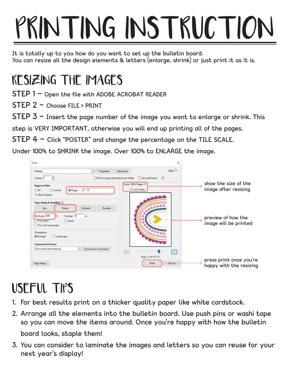 Printing instructions explain resizing display pieces using Poster and Tile Scale in Adobe Acrobat Reader