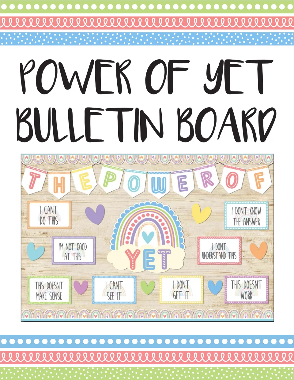 Power of Yet Bulletin Board cover showing the assembled display with title bunting and eight mindset phrase cards