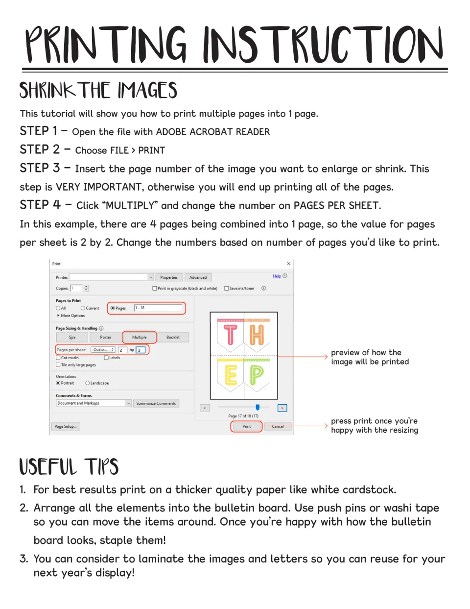 Printing instructions explain placing four display pages on one sheet, plus cardstock and assembly tips