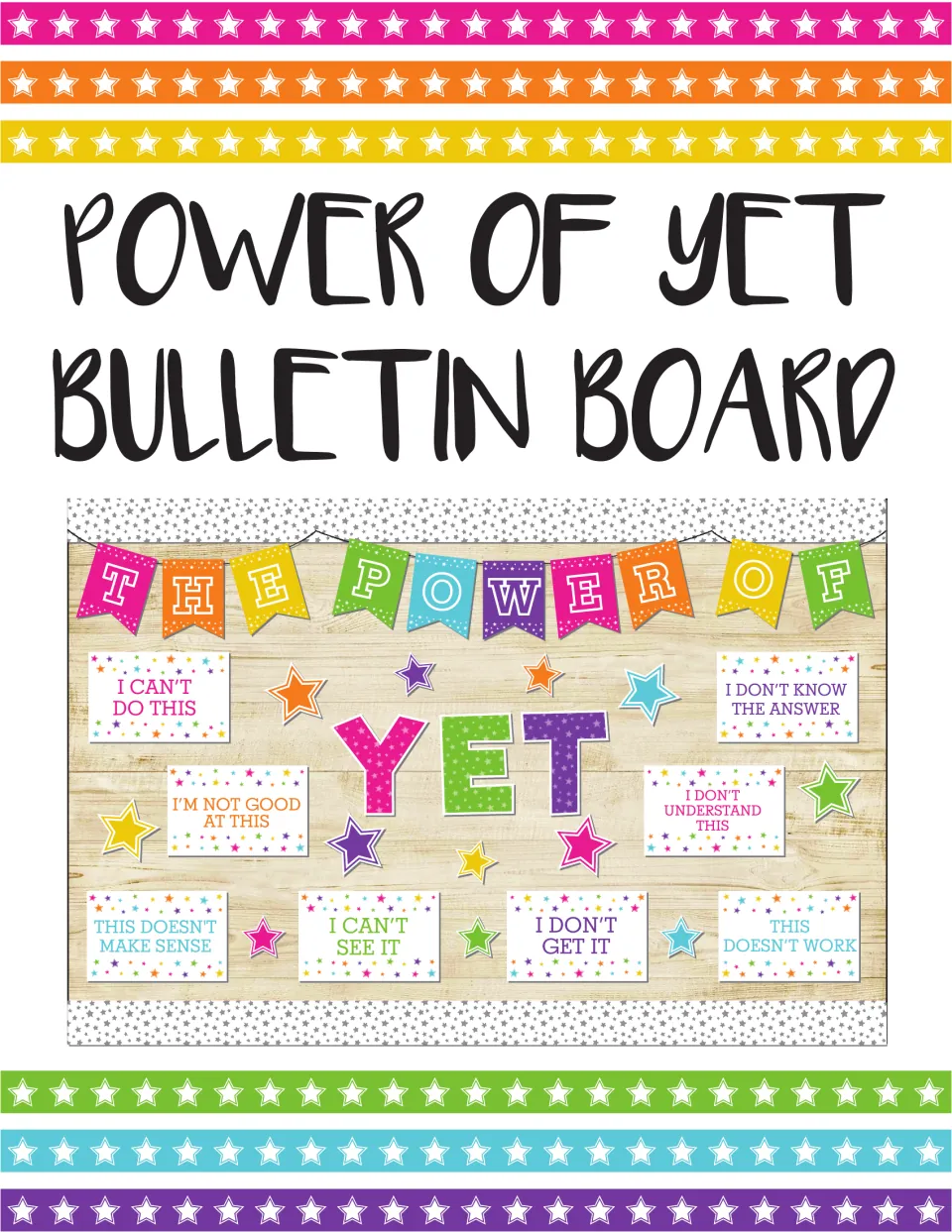 Cover of the bulletin board kit showing an assembled display with THE POWER OF YET and eight phrase cards