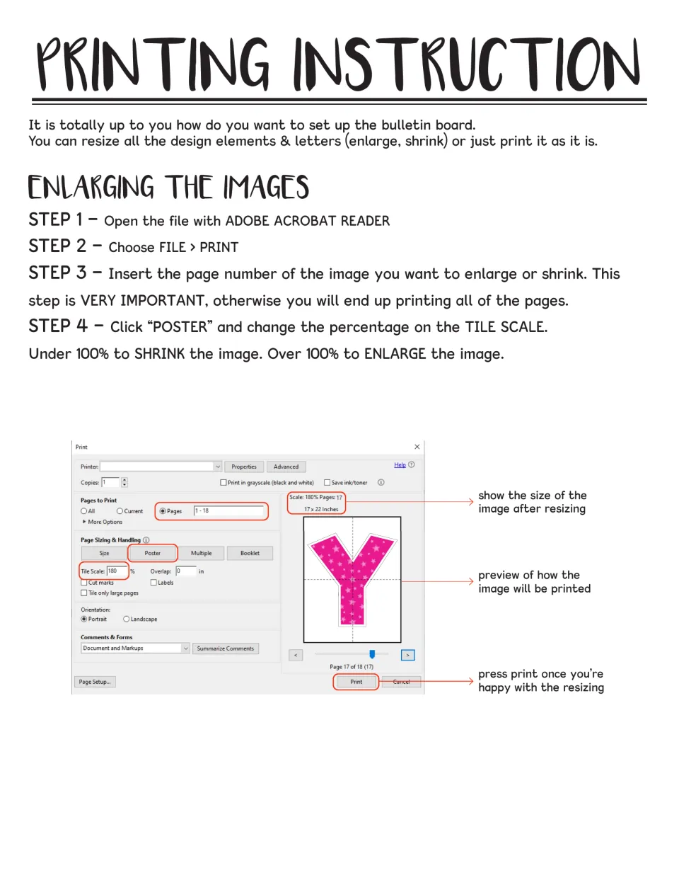 Printing instructions explain how to resize bulletin board elements using Adobe Acrobat Reader's Poster setting
