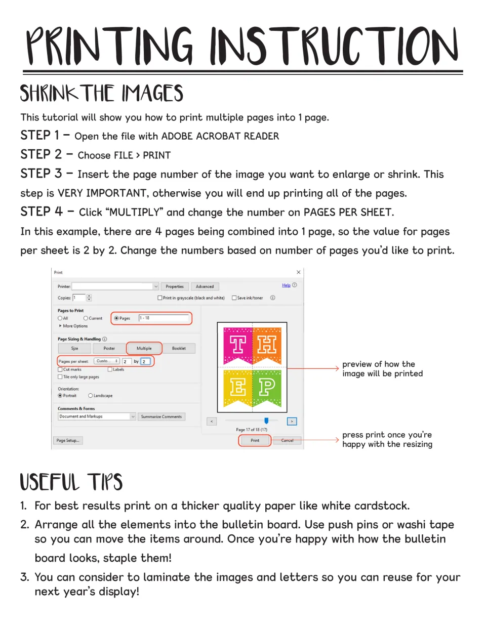 Printing guide explains placing multiple kit pages on one sheet, plus cardstock, assembly, and laminating tips
