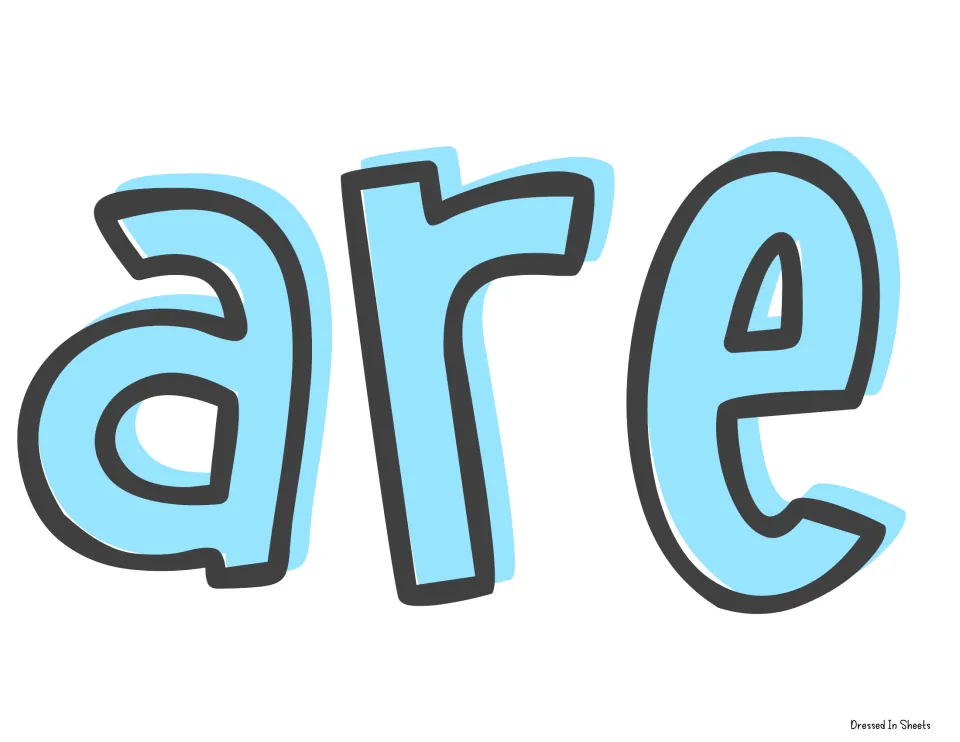 Banner cut-out piece: the word are in large light blue outlined letters, the second word of the bulletin board title