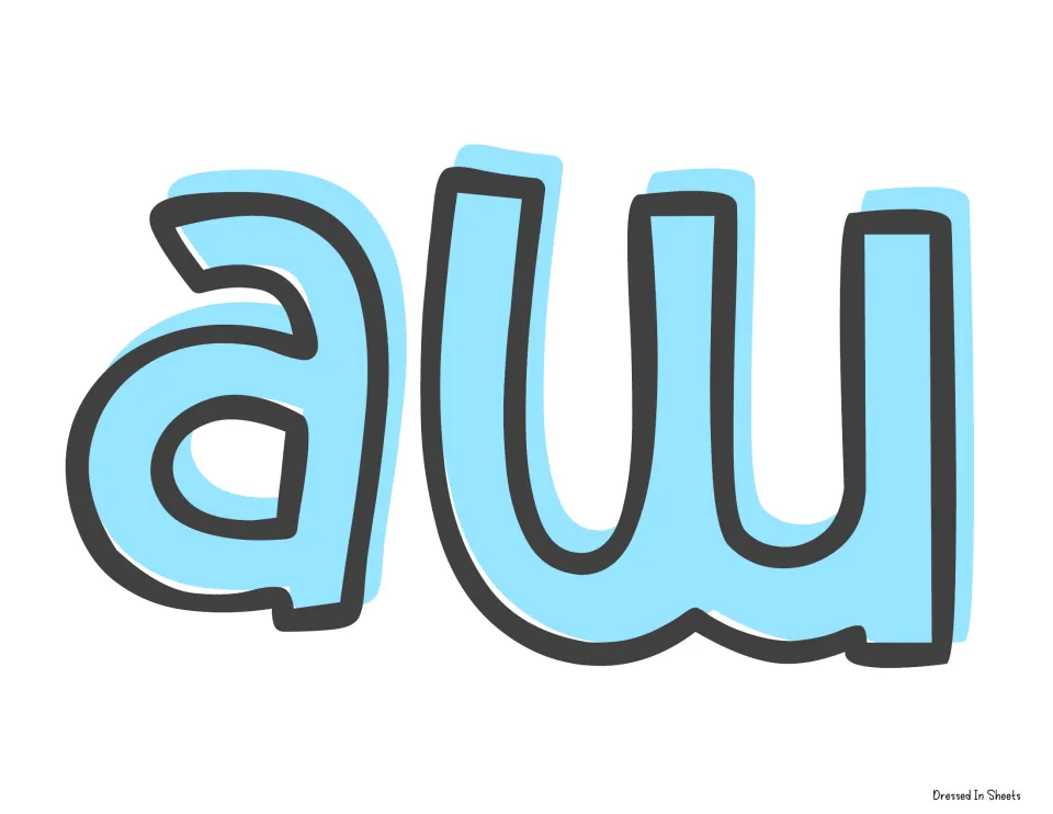 Banner cut-out piece: the letters a and w in light blue with dark outlines, the start of the word awesome on the banner