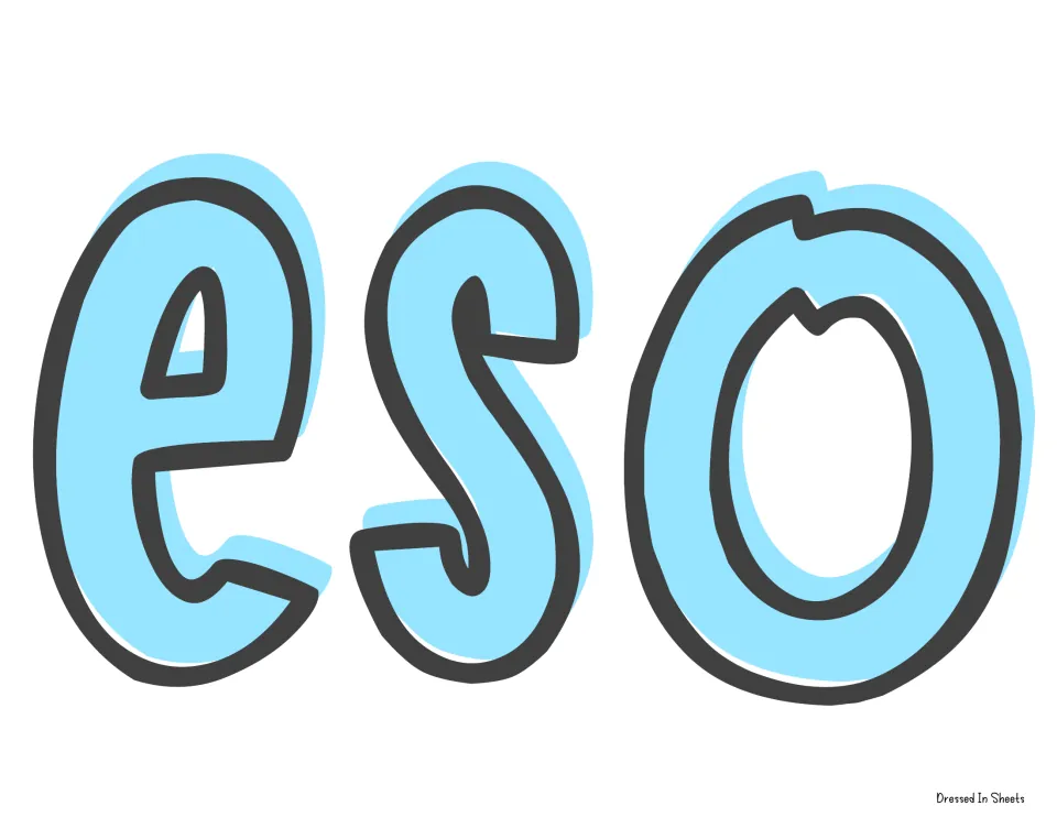 Banner cut-out piece: the letters e, s and o in light blue outlined lettering, continuing the word awesome across pages