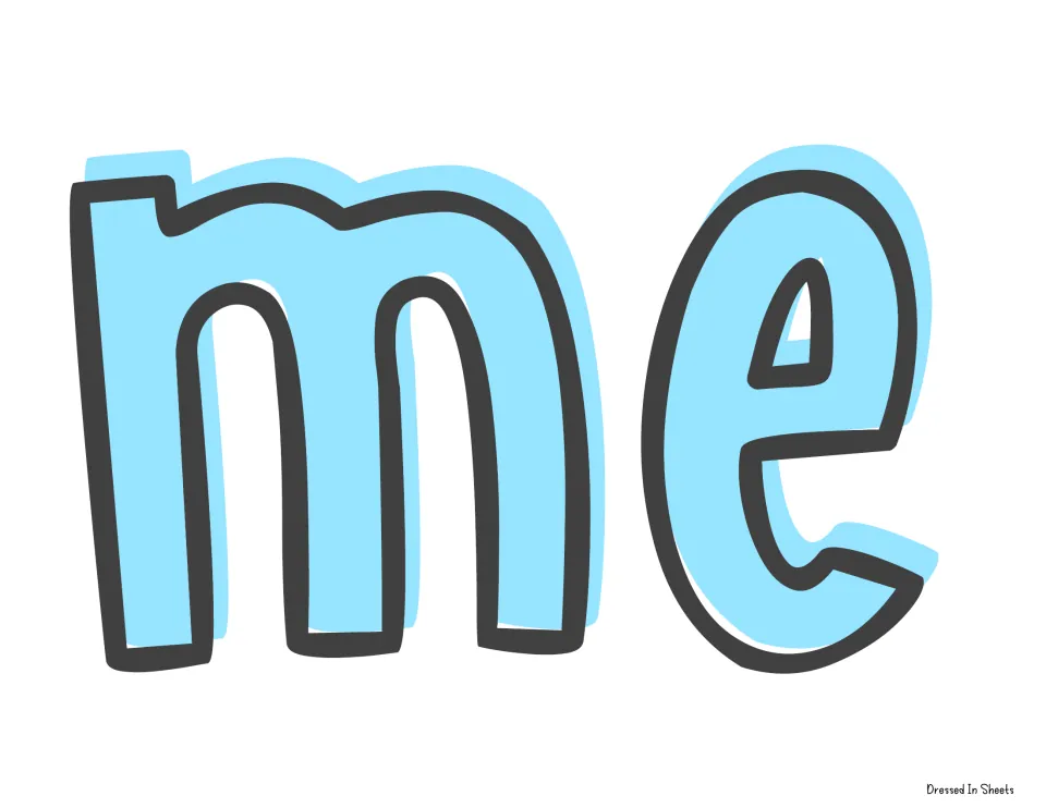 Banner cut-out piece: the letters m and e in light blue outlined lettering that finish the word awesome on the display