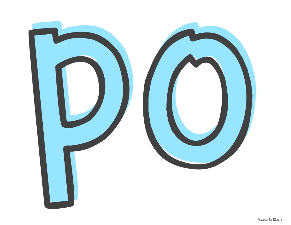 Banner cut-out piece: the letters p and o in light blue with dark outlines, starting the word possums on the final line