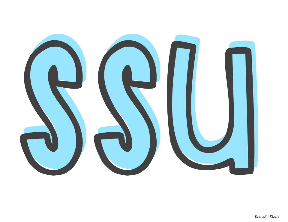 Banner cut-out piece: the letters s, s and u in light blue outlined lettering for the middle of the word possums