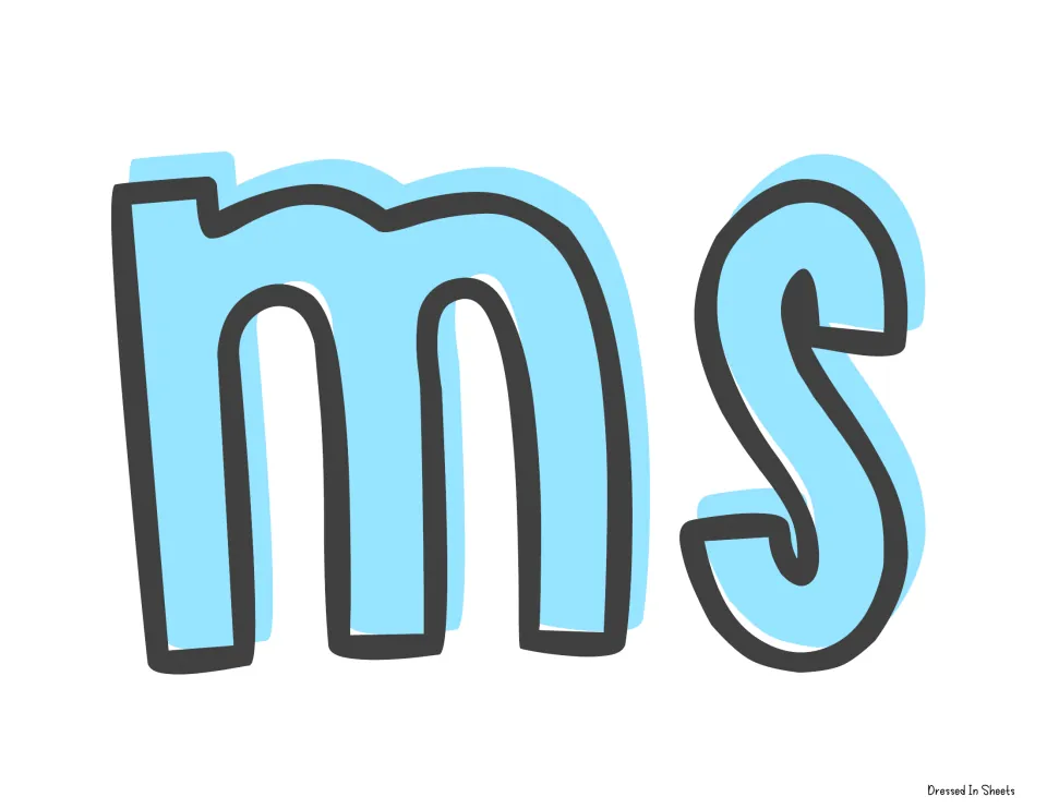 Banner cut-out piece: the letters m and s in light blue outlined lettering that end the word possums on the banner