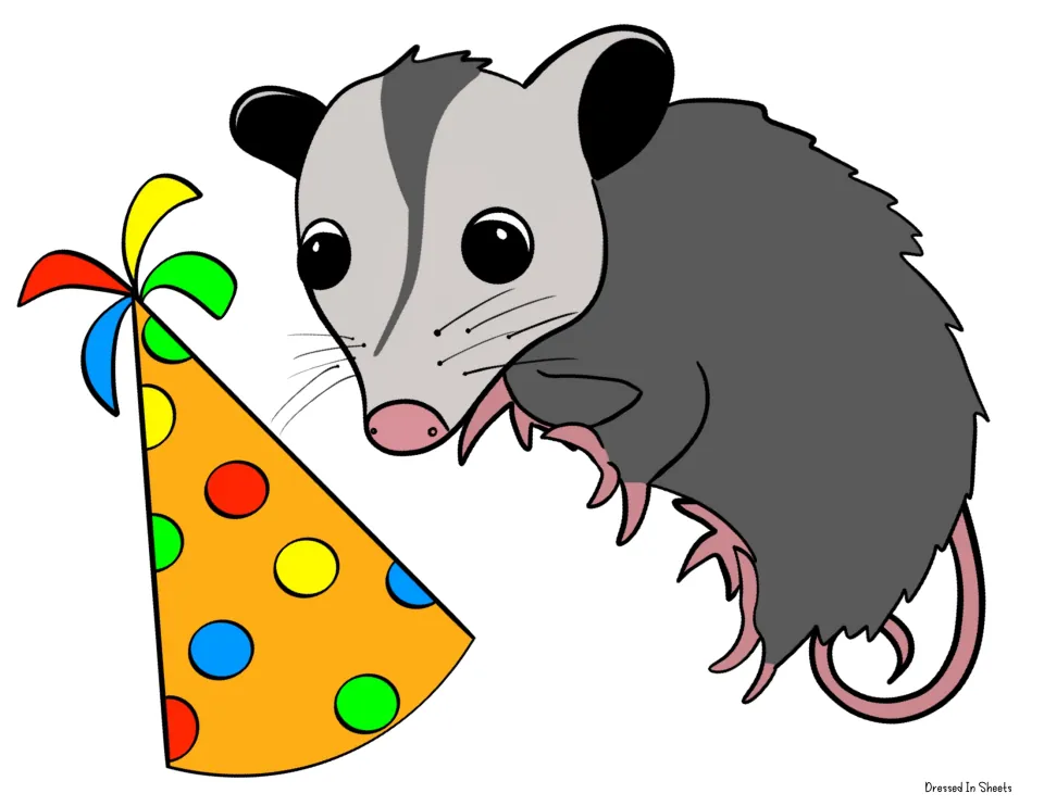 Possum decoration: a gray cartoon possum with pink paws and tail beside an orange polka-dot party hat, to cut out