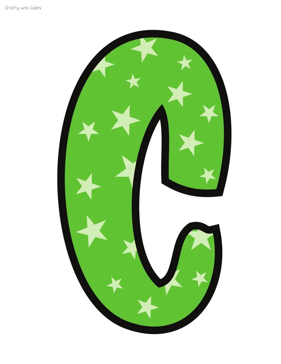 Bulletin board letter C: a lime green bubble letter with pale green stars, the third letter of POCUS in the title