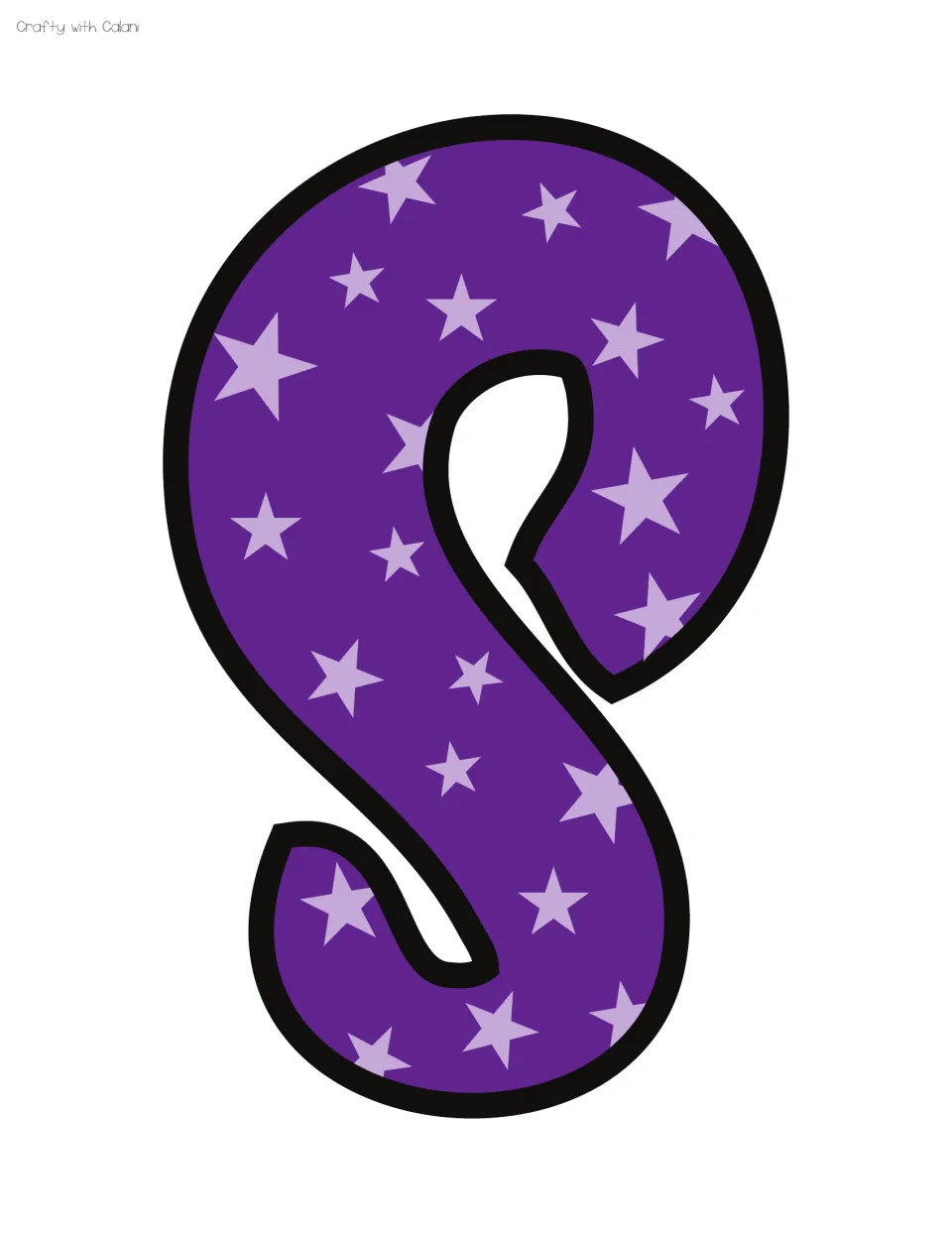 Bulletin board letter S: a purple bubble letter with lavender stars, the final letter that completes HOCUS POCUS