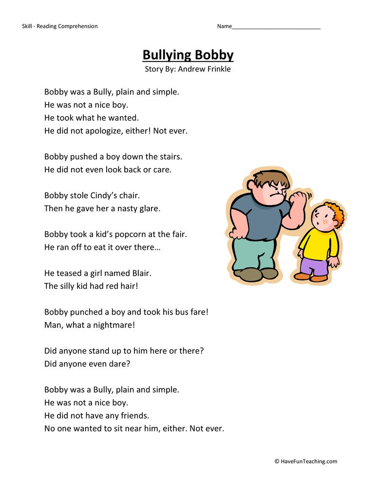 Bullying Bobby - Reading Comprehension Worksheet by Teach Simple