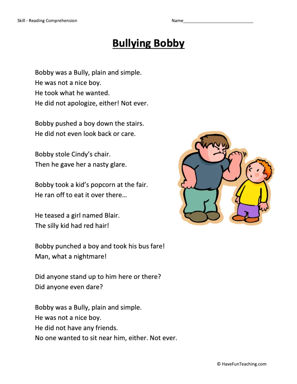 Rhyming story about a bully named Bobby who pushes, steals and teases classmates, shown beside a cartoon of two boys