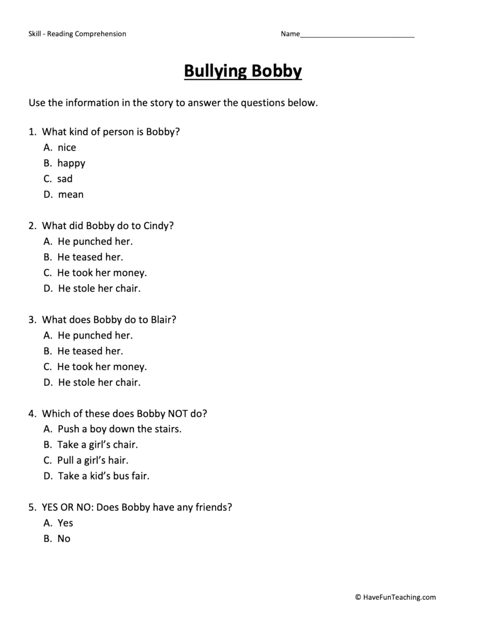 Comprehension questions on the Bobby story: students answer 5 multiple-choice items about his actions and character