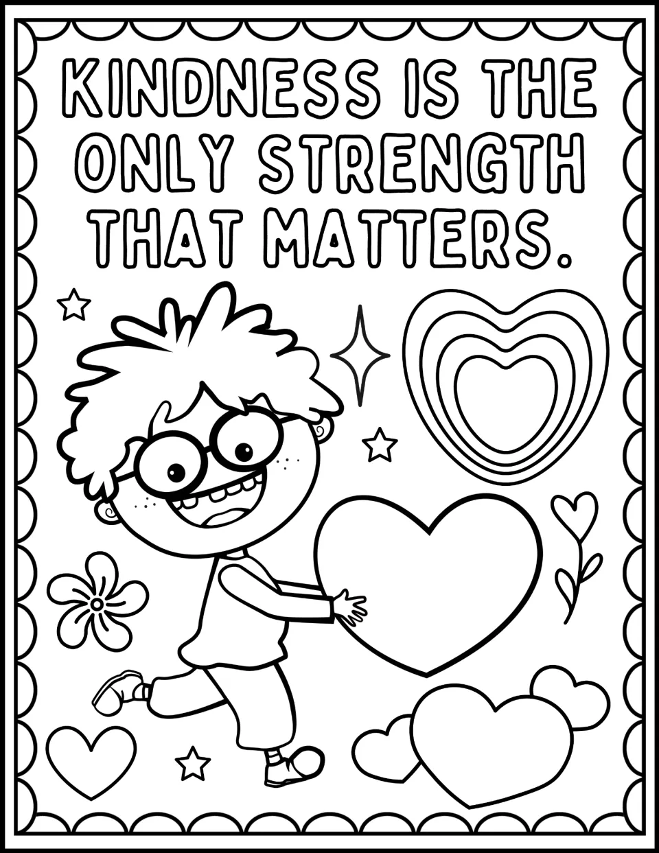 Kindness Is the Only Strength That Matters: students color a smiling boy in glasses carrying a big heart among flowers