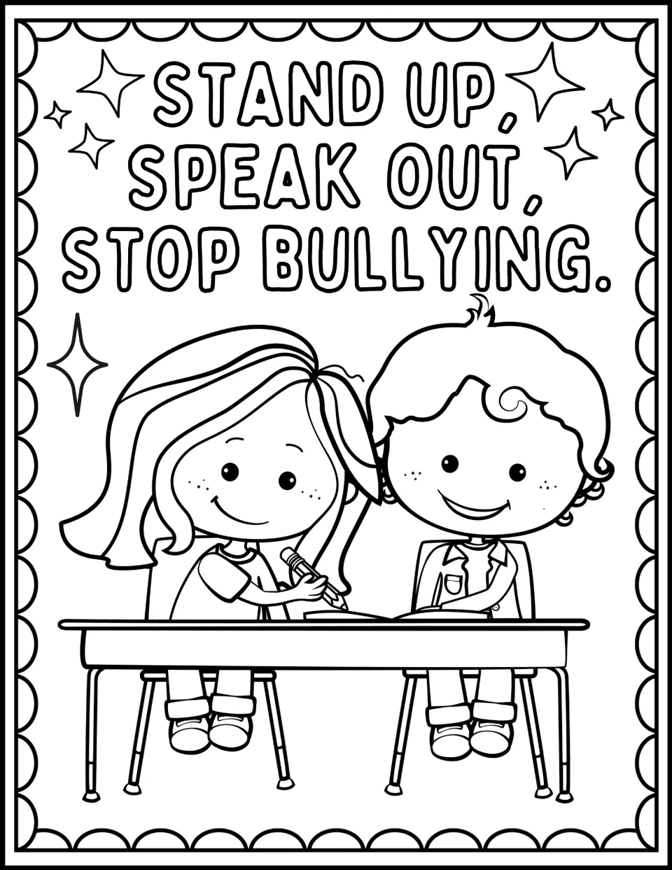Stand Up, Speak Out, Stop Bullying: students color a smiling girl and boy sitting together at a school desk with a pencil